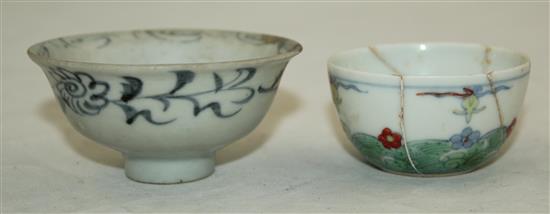A Chinese doucai cup and a Ming blue and white cup, 16th century or later, 5.5cm & 7.6cm, some damage